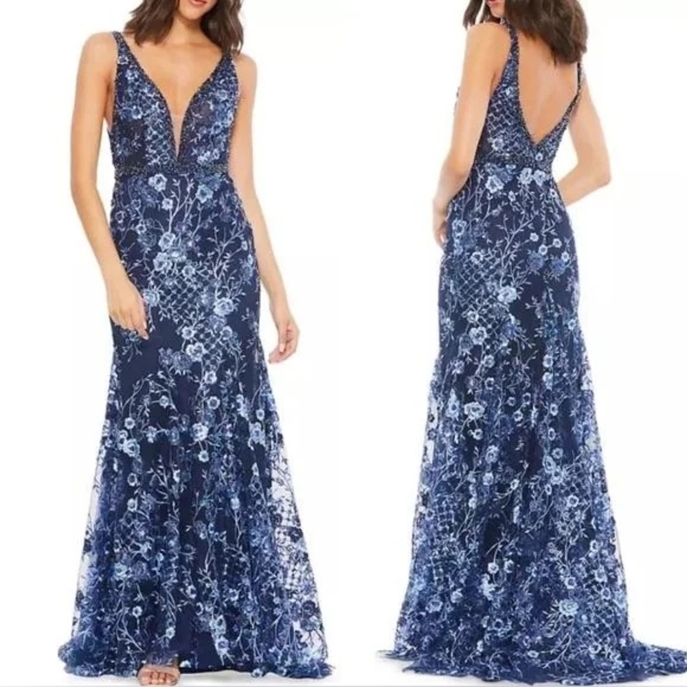 Mac Duggal Navy Blue Backless Floral Embroidered Plunge Neck Dress - Sz 12